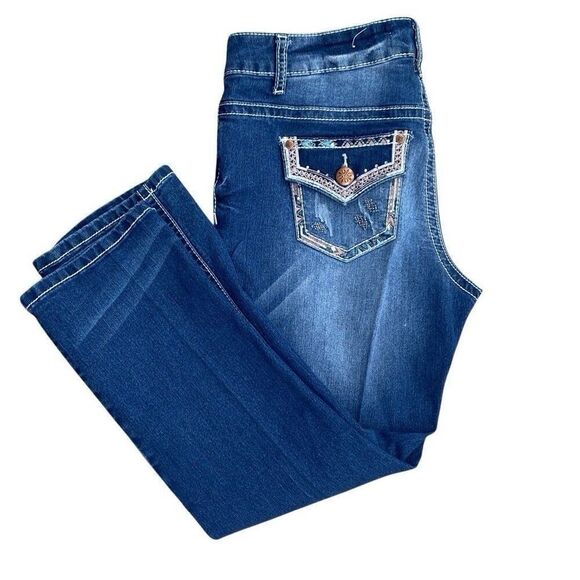 EST 1946 Denim Low Rise Crop Jeans Women’s 8 Whiskered Embellished Pocket 31x24 - Picture 1 of 8